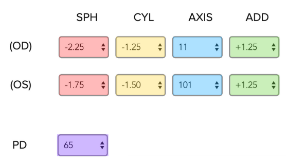 An easy-to-read sample prescription with SPH, CYL, and AXIS labeled.
