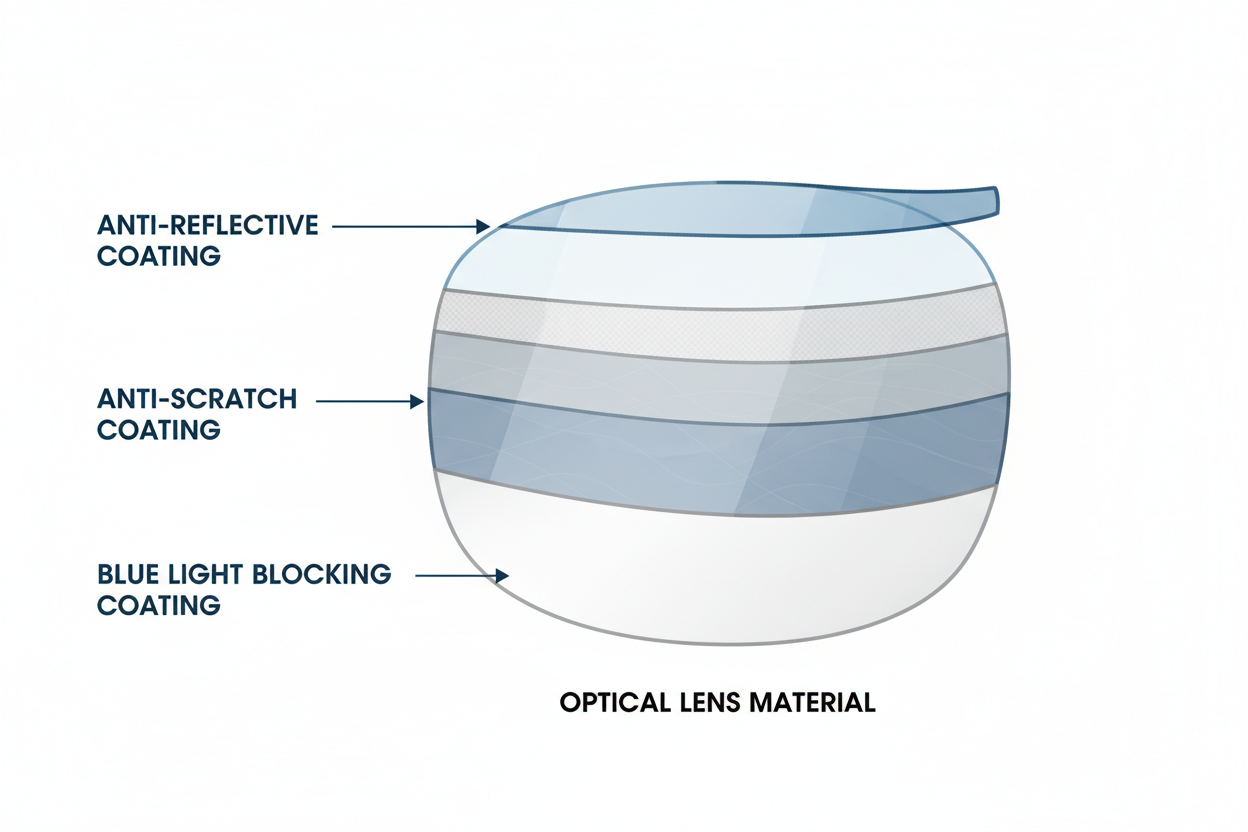 A diagram showing a lens with layers for anti-reflective, anti-scratch, and blue light coatings.