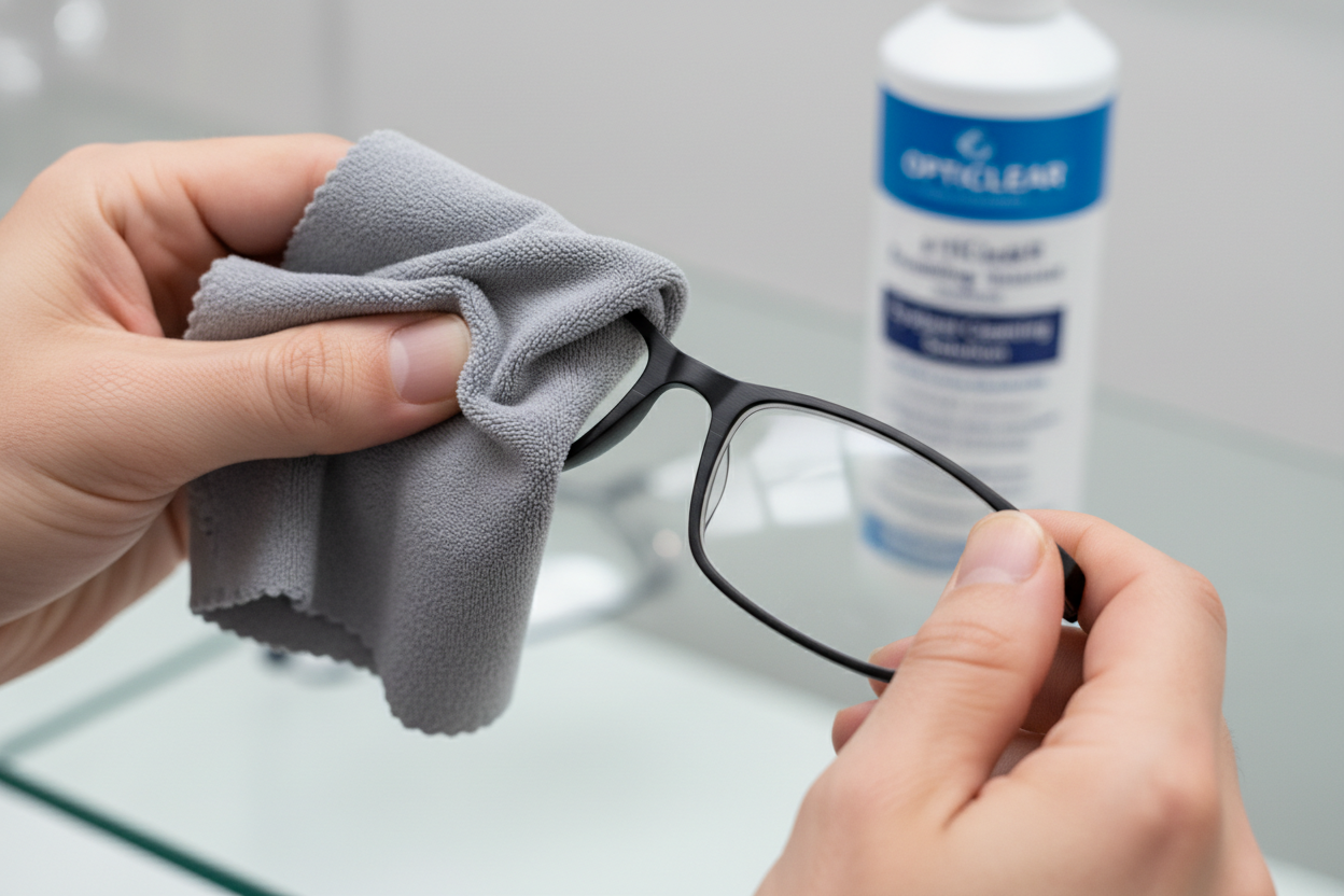 A person correctly cleaning their glasses with a microfiber cloth and lens-safe spray