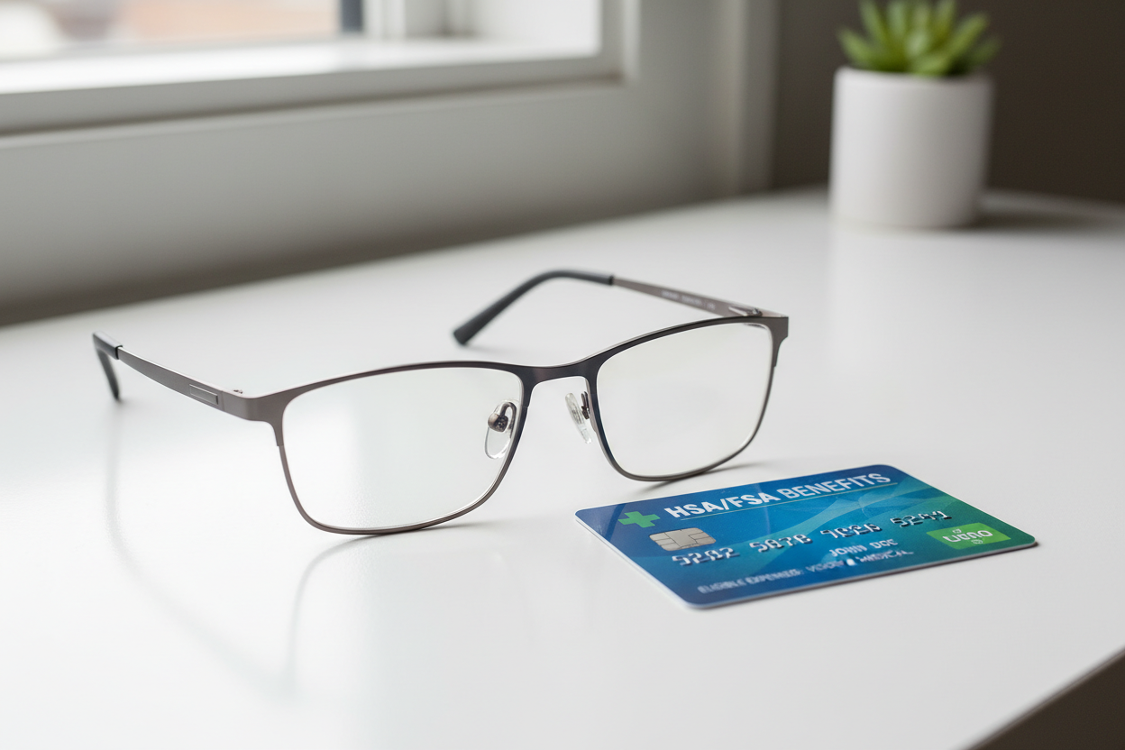 A pair of stylish glasses next to an HSA/FSA card on a clean desk, representing HSA-eligible eyewear.