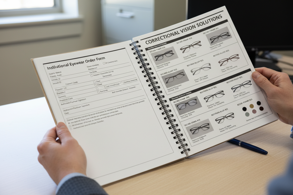 A person holding a Choice Eyewear catalog and an order form for inmate glasses.