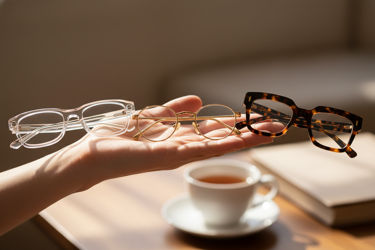 A person's hand holding up three different styles of eyeglasses to choose from, with a warm, soft, blurred background.