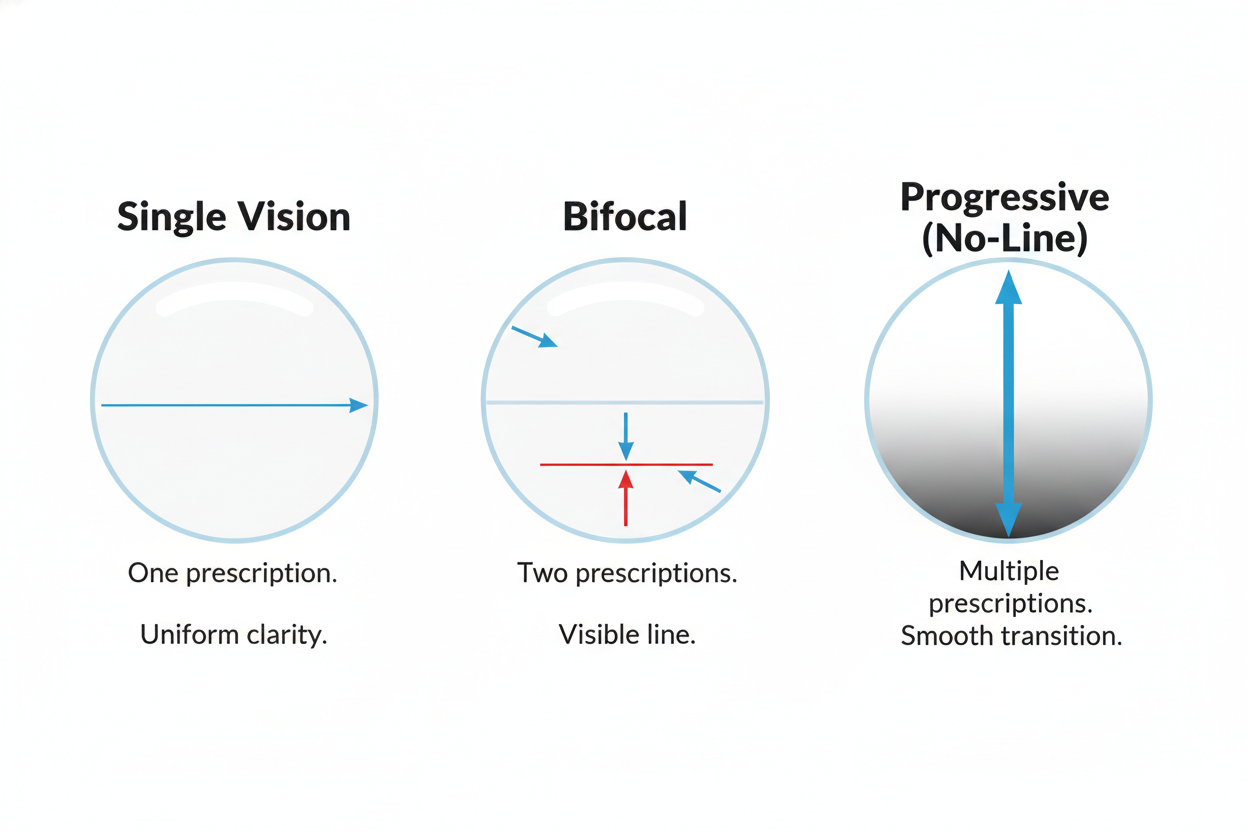An infographic showing the differences between a clear single vision lens, a bifocal lens with a line, and a progressive no-line lens.
