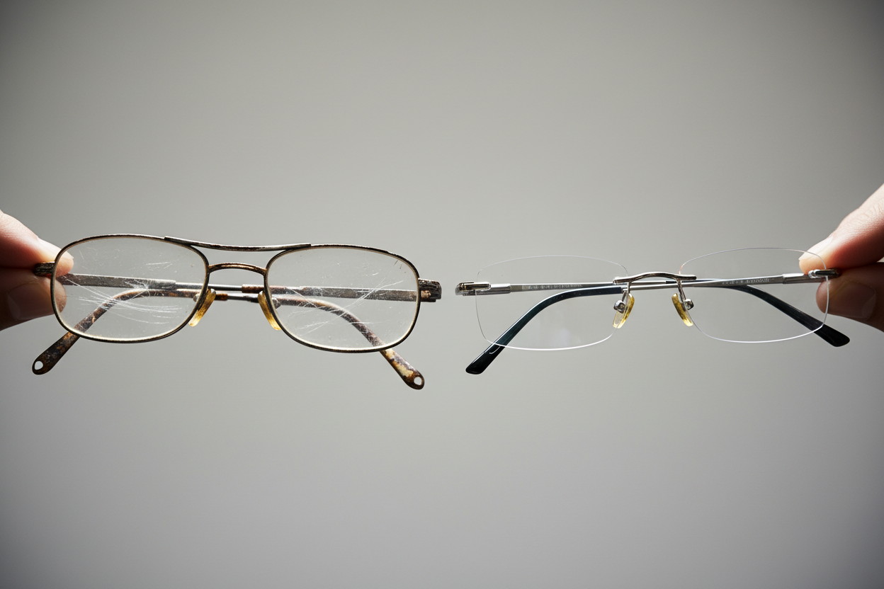 A person holding up an old, scratched pair of glasses in one hand, comparing them to a new, clear pair in the other hand