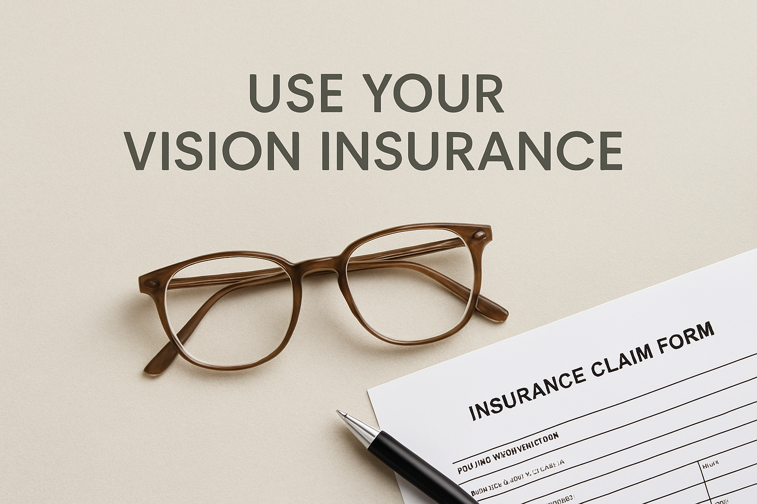 A pair of prescription glasses next to a vision insurance claim form showing how to submit an out-of-network claim.