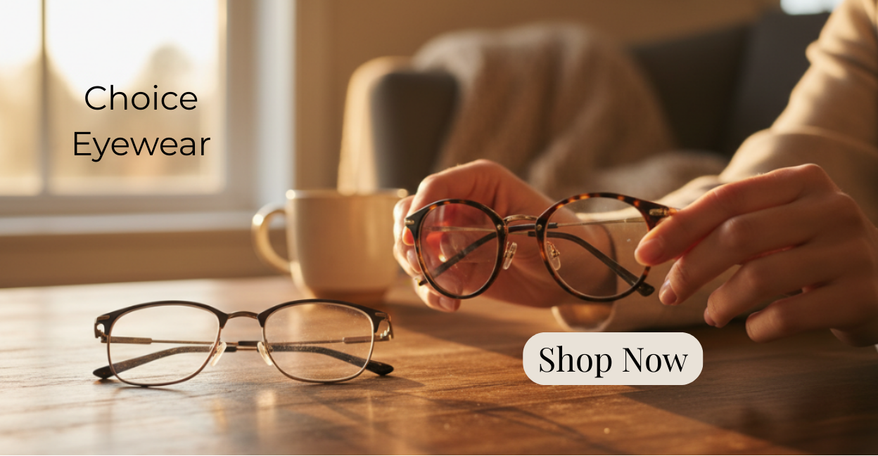 Person holding eyeglasses with 'Choice Eyewear' branding on a wooden table.
