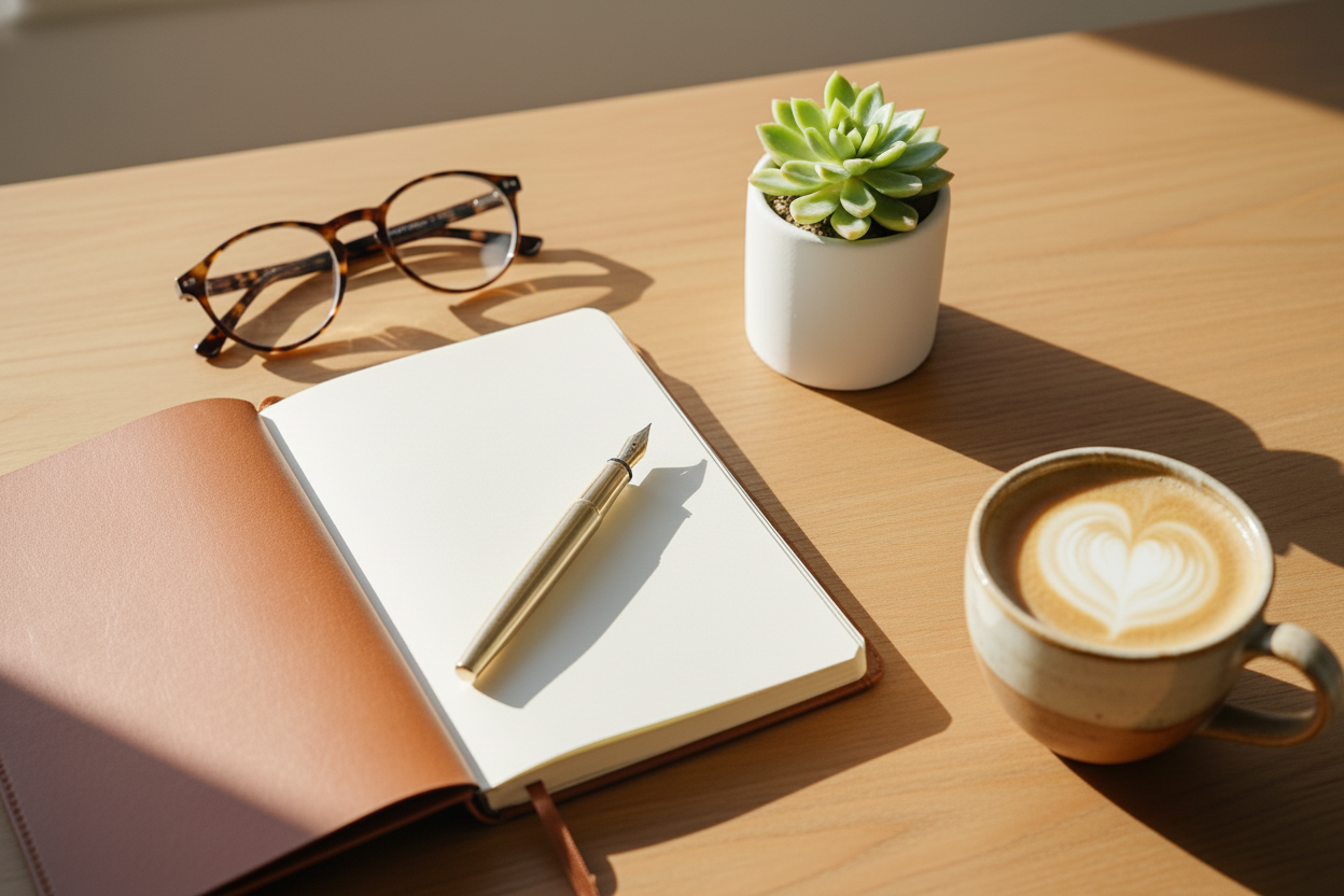 A beautiful, on-brand "flat lay" image. Think of a clean, warm surface (like a wooden desk or marble) with:

A pair of your stylish glasses (like the round tortoise-shell ones).

An open, high-quality notebook and a nice pen.

A small succulent or a cup of artisanal coffee (very SF!).

Subtle, soft, natural lighting.