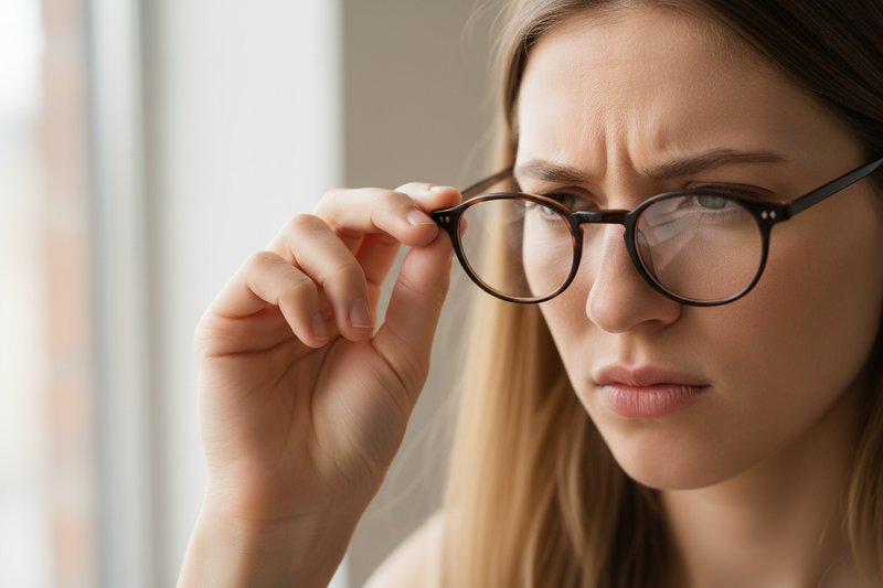 A person pushing their glasses up their nose, illustrating a poor fit.