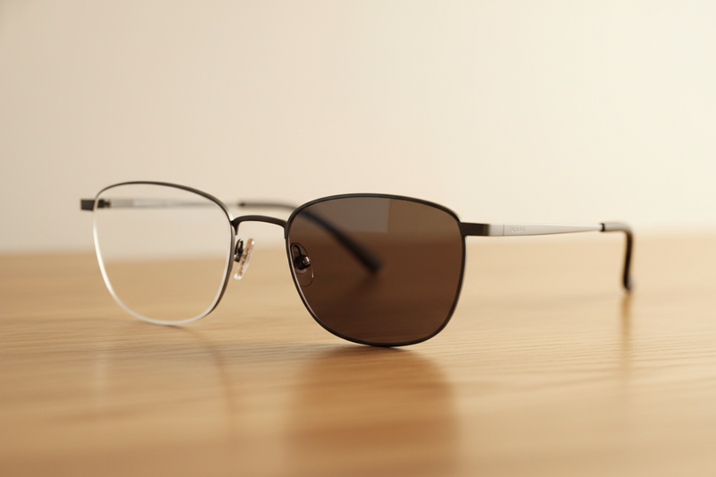 one side lens is clear while the other is transitioning 